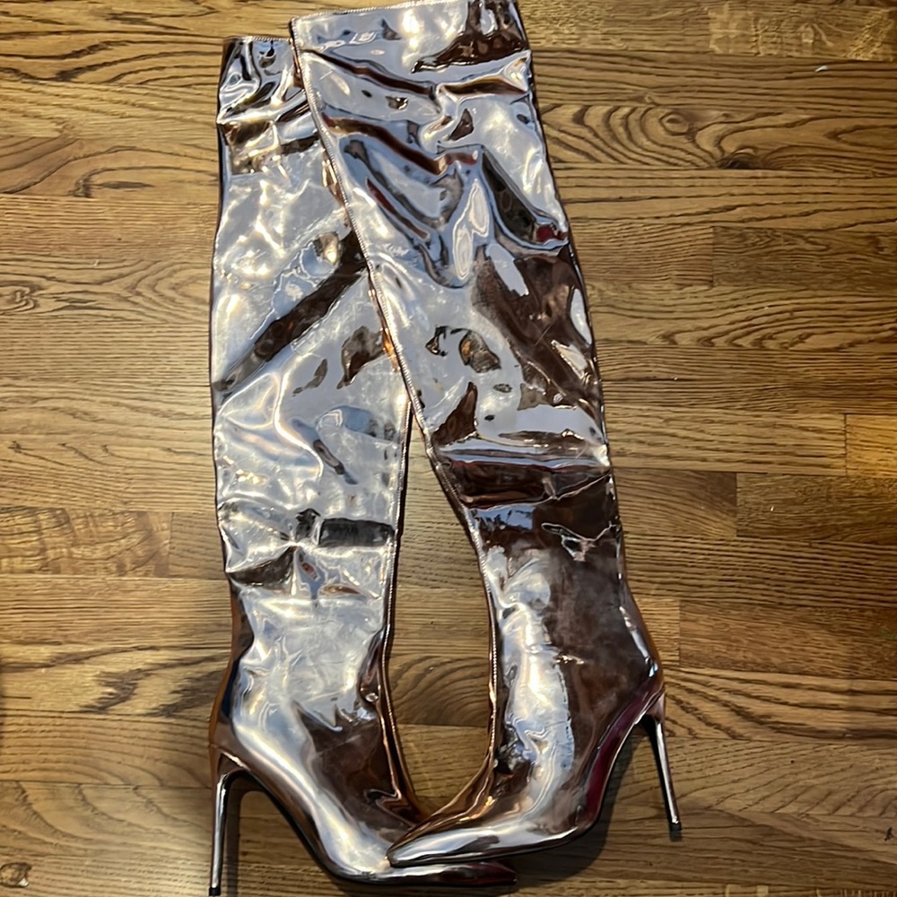 Thigh high rose gold metallic boots